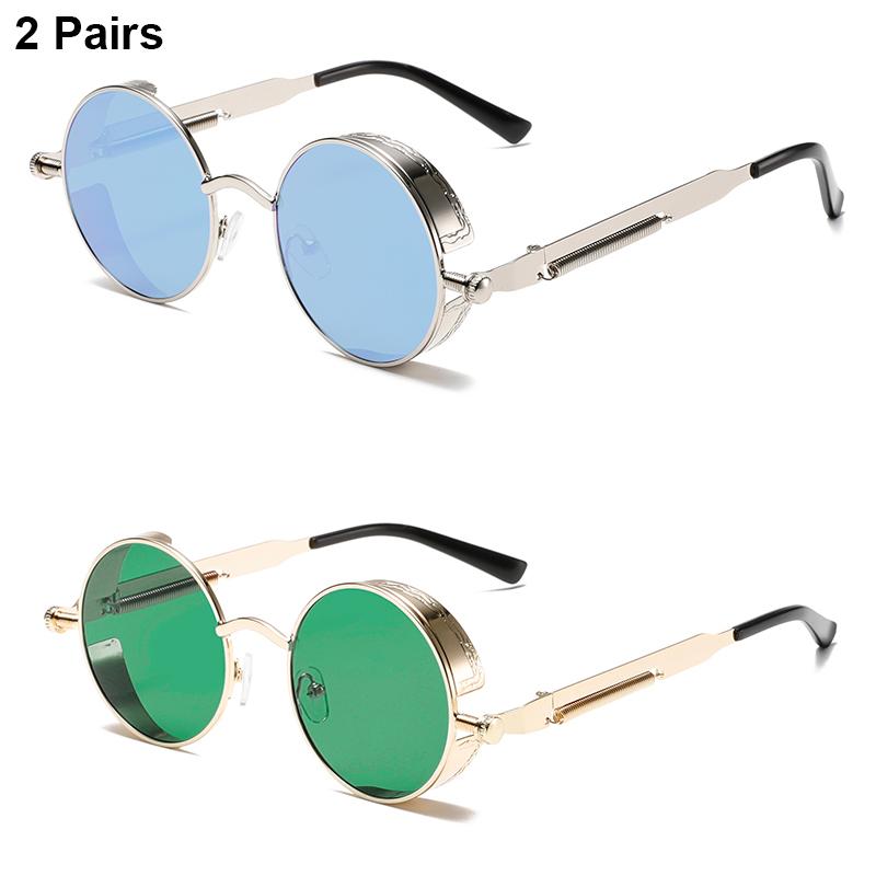 2 Pairs Round Punk Sunglasses Men Classic Vintage Gradient Multi-color Casual Shades Trendy Brand Designer Outdoor Sun Glasses