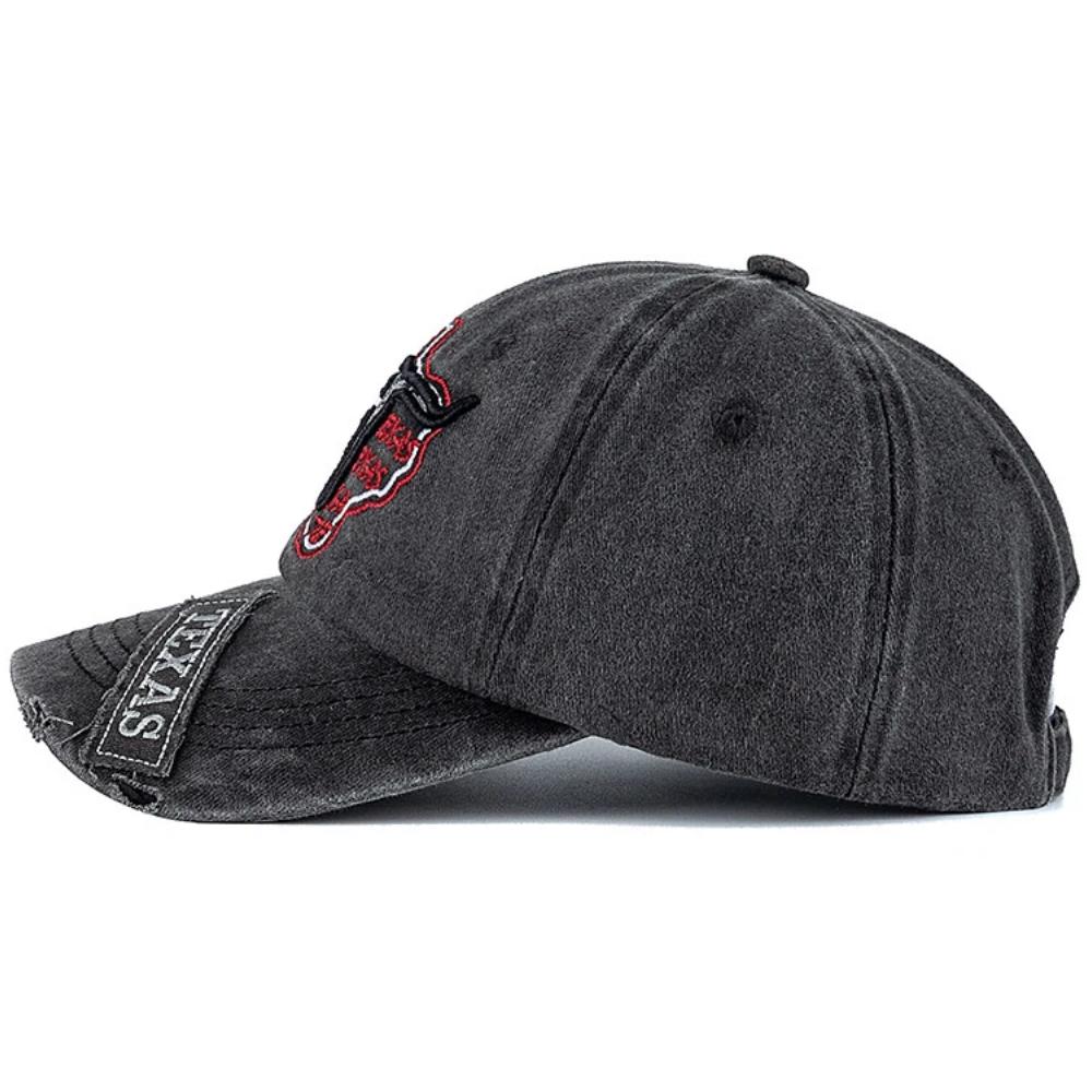 Unisex Praná Bavlněná Vintage Čepice Klasická Čepice TEXAS s Výšivkou Hlavy Býka Baseballová Čepice Venkovní Táta Klobouk Pro Muže Ženy