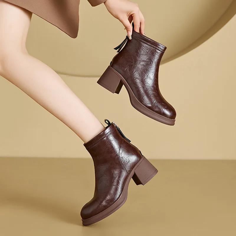 New 2024 Women Boots Women Genuine Leather Warm Plush Winter Boots High Heels Shoes Fashion Thick Heel Woman Ankle Boots