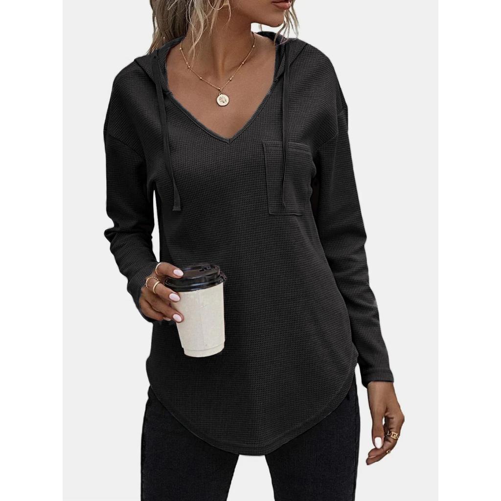 Women's V Neck Long Sleeve Hoodie Oversized Casual Pullover Waffle Knit Tunic Top