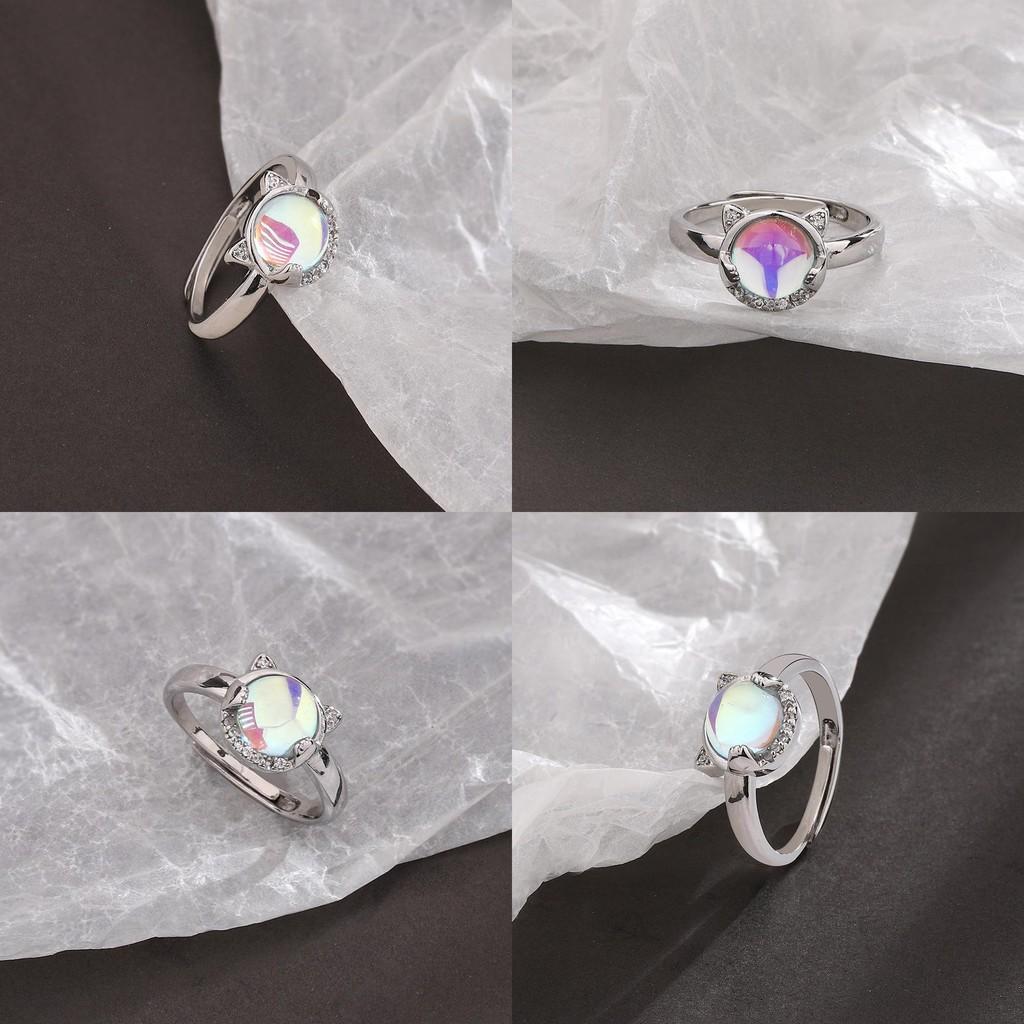 Elegant And Simple Copper Cat Ring With Rainbow Moonstone Fashionable Accessory Hand