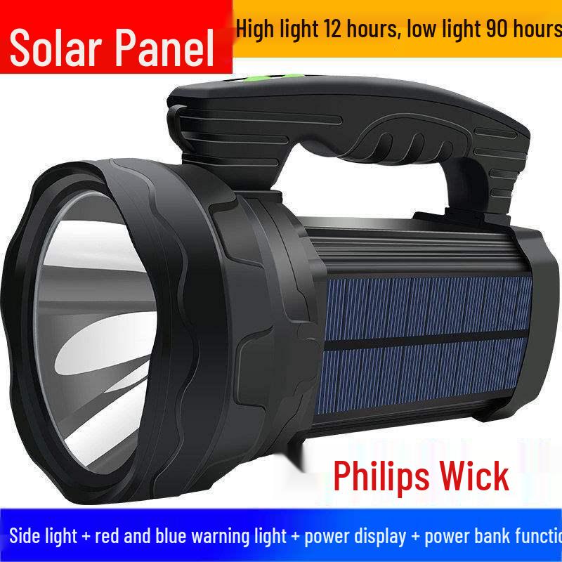 Rechargeable Solar LED Flashlight: High Power, Long Range, Waterproof, with Side Light & Remote Control.