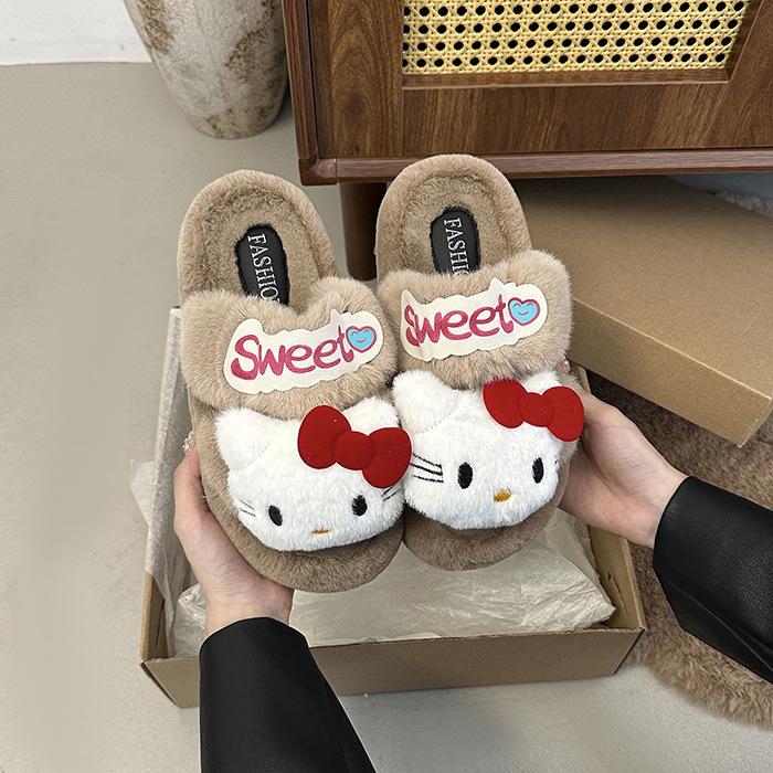 Hellokitty Cat Fluffy Slippers Women Wear Cute Thick Bottom Non-slip Comfortable Home Casual Versatile Cotton Slippers