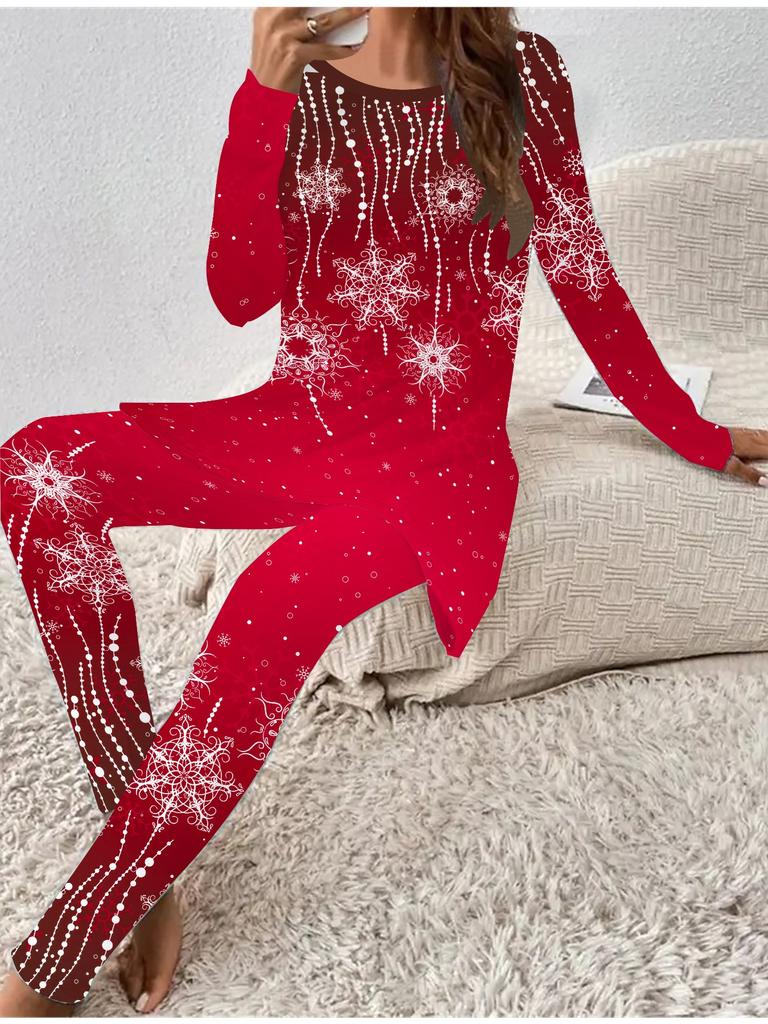 Moda Euro-Americana Stampa Natalizia 3D Set Due Pezzi da Donna a Manica Lunga per Tutte le Stagioni + Pantaloni Lunghi. Regalo Perfetto per Capodanno e Natale