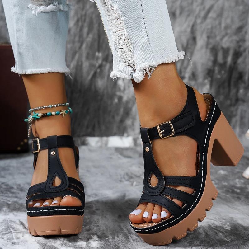 Ethnic Style Roman Line Sandals Summer Casual European American Thick Heels Women's High Heels
