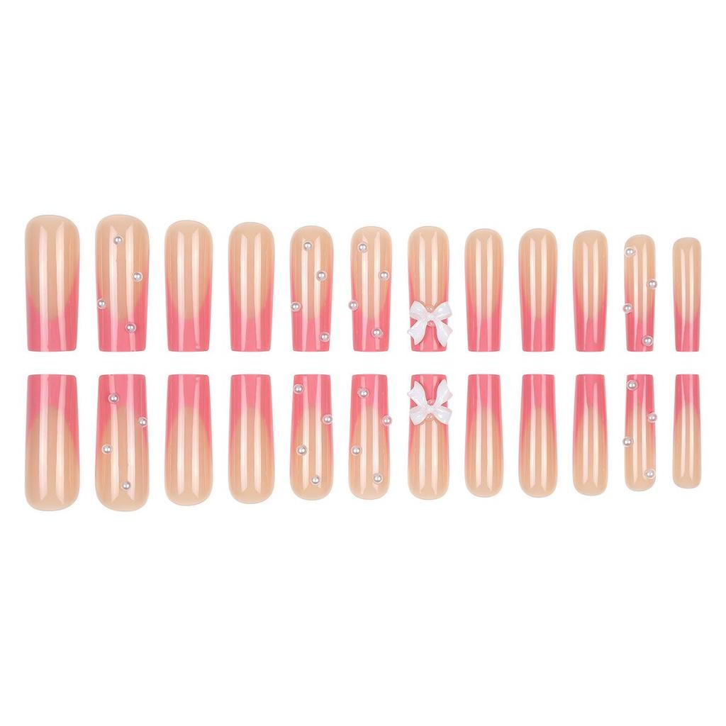 Elegant Long Pink French Bow Pearl False Nail Tips