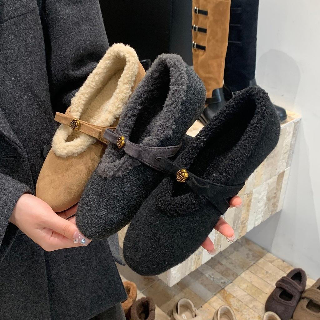 Xiaoxiangfeng bow fluffy shoes velvet single shoes with skirt temperament Mary Jane cotton shoes