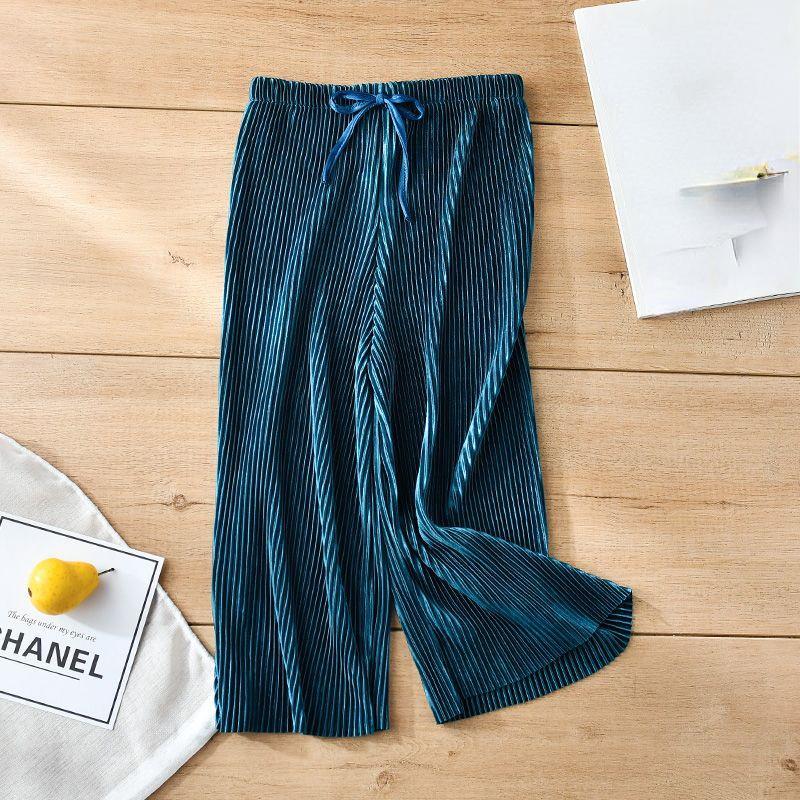 

Плиссированные широкие брюки для девочек, летние свободные брюки, вязаные шифоновые укороченные брюки 160 зелёный