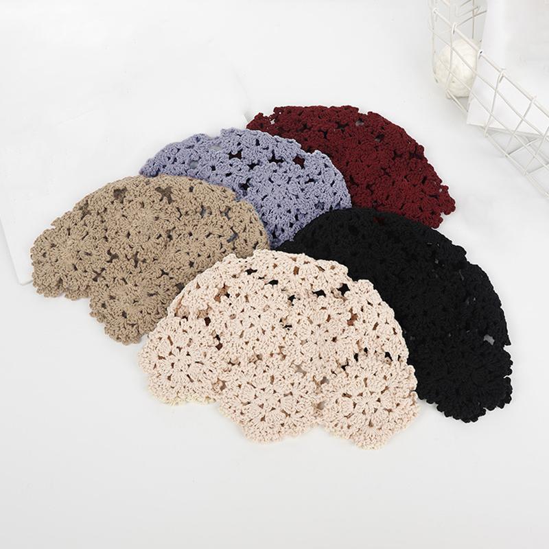 Fashion Flower Embroidery Hollow Crochet Knitted Hat French Retro Beanie Accessories