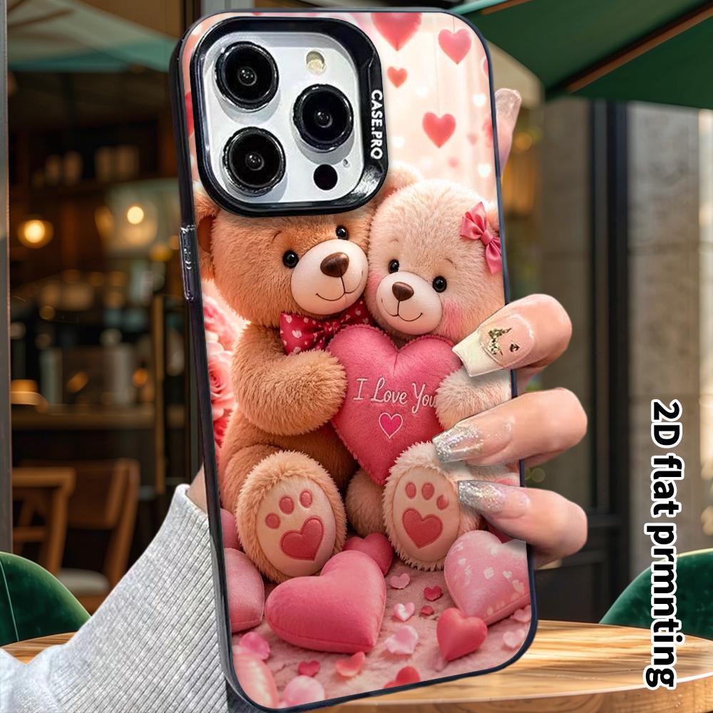 Phone Case: 2D Flat Design, Suitable for iPhone 18, 17, 16, 15, 14, 13Pro In Color Silver Protective Case, Couple Style, Heart Teddy Double Bear, Chri