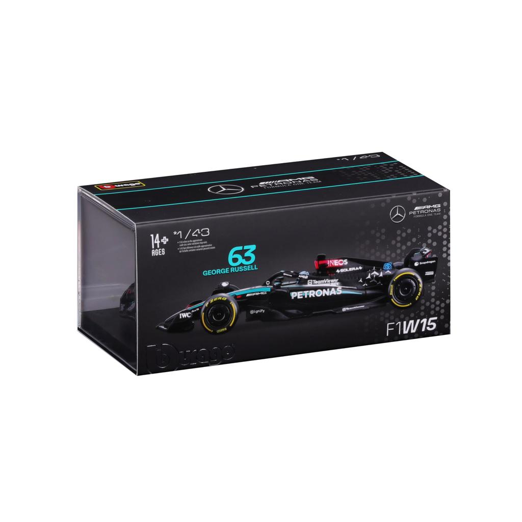 Bburago Scale Scale Model Petronas F1 Team W15 Russell with Helmet Finished Model BUR38209R 1/43 Mercedes-AMG (2024) E-Performance No.63 G. (Clear