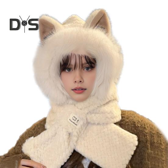 Women Winter Integrated Hat And Scarf Thick Fleece Warm Cartoon Fox Ear Decor Windproof Full Protection Outdoor Travel Cold Weather Snowboarding