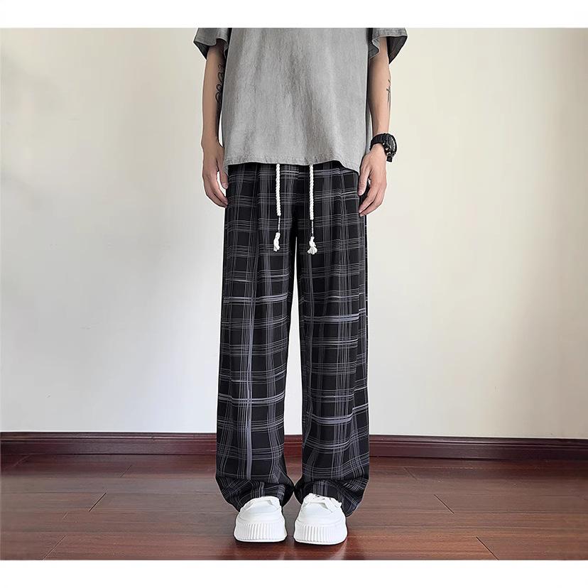 Plaid Ice Silk Pants Men's Summer New Loose Straight Pants Men's Breathable Cool Trousers Thin Quick-drying Pants Men's