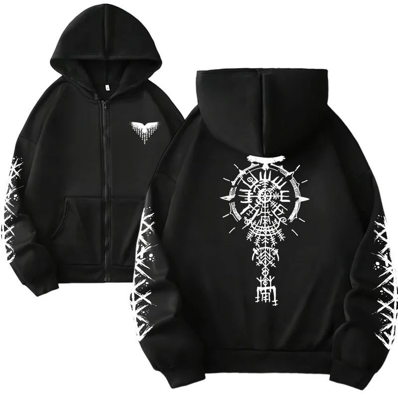 Autumn Winter Casual Fashion Warm Coat Streetwear Oversize Y2k Tops Women Zipper Hoodie Viking Raven Print Sweatshirt