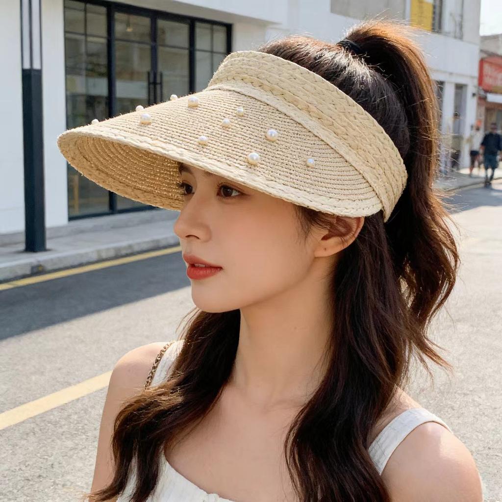 Summer outdoor sunscreen hat children fashion high sense pearl large brim straw hat seaside beach sunshade empty top hat