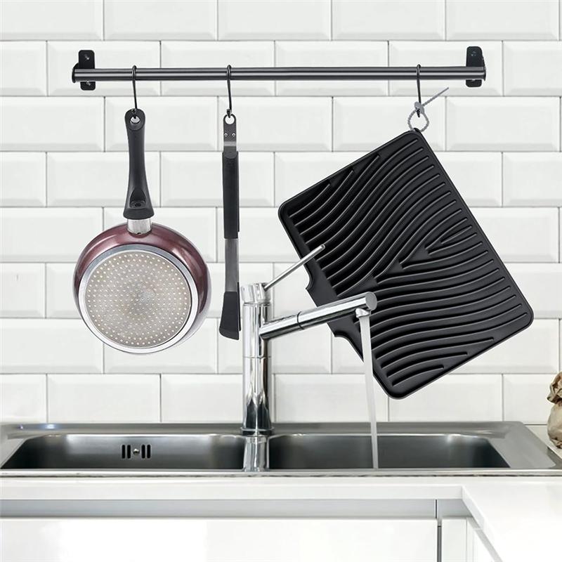 A25F-Built-In Drain Drying Mat For Kitchen, Silicone Counter Dish Drying Mat For Countertop-Non-Slip Dish Pad& More
