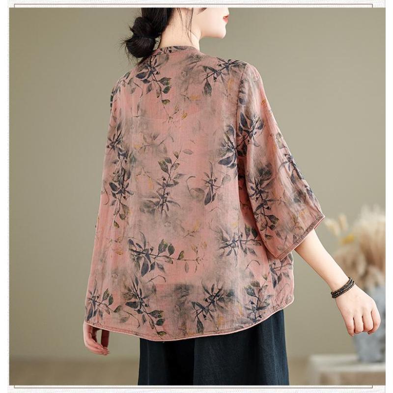 Women's New Stitched Stand-up Collar Button Print Fashion Loose Versatile Casual Shirts