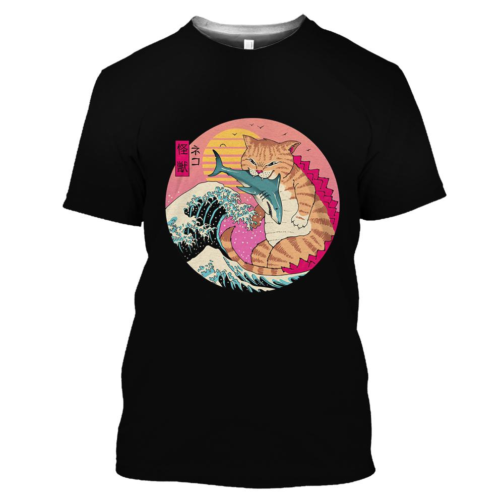 Modische lustige Samurai-Katze-Grafik-T-Shirts für Männer, Sommer, lässig, draußen, cool, Persönlichkeit, bedruckt, Rundhals-Kurzarm-Tops