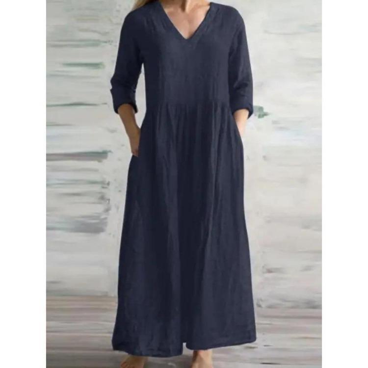 New Casual Women Loose Long Maxi Dress V Neck Half Sleeves Simple Style Cotton Linen Vestido Lady Dress for Spring Autumn