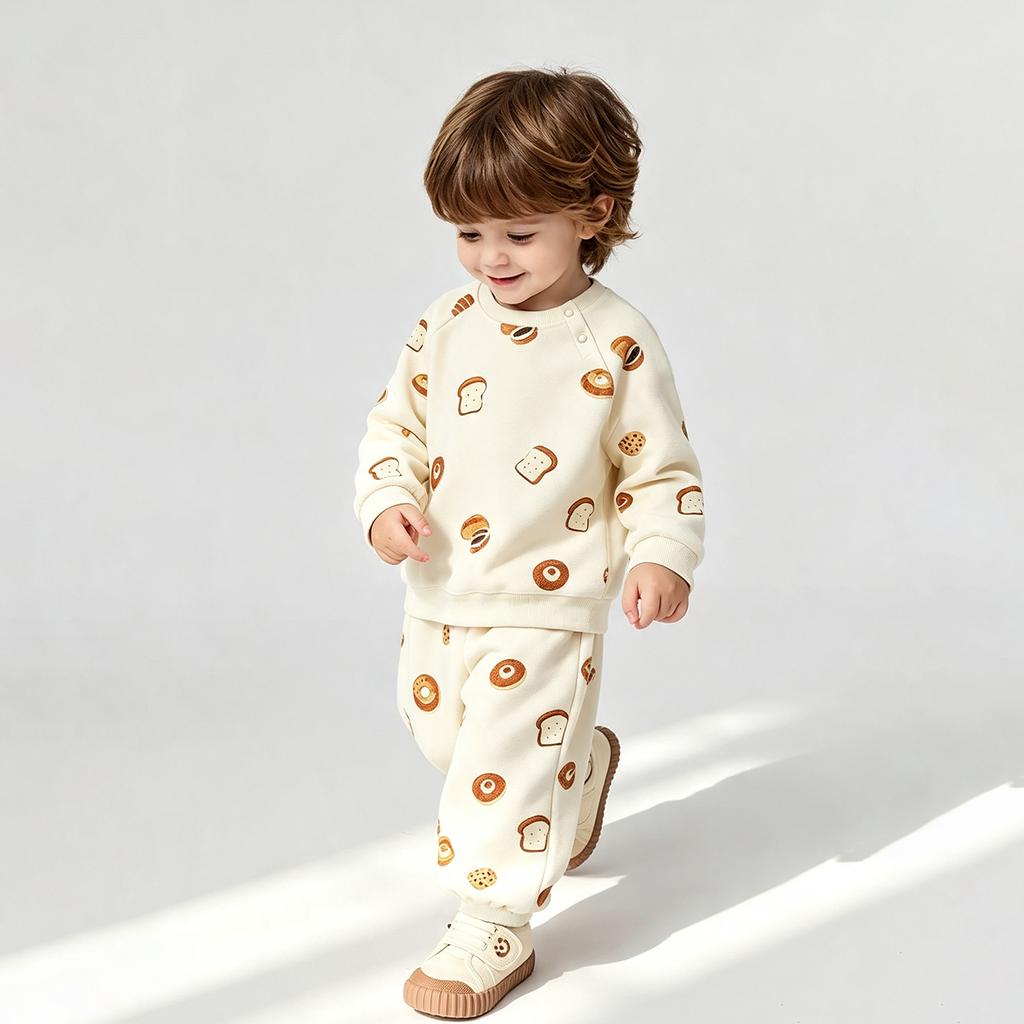 Warm Fleece Lined Baby Clothes Set Cute Round Neck Sweatshirt + Pant Kids Boy Girl Clothing