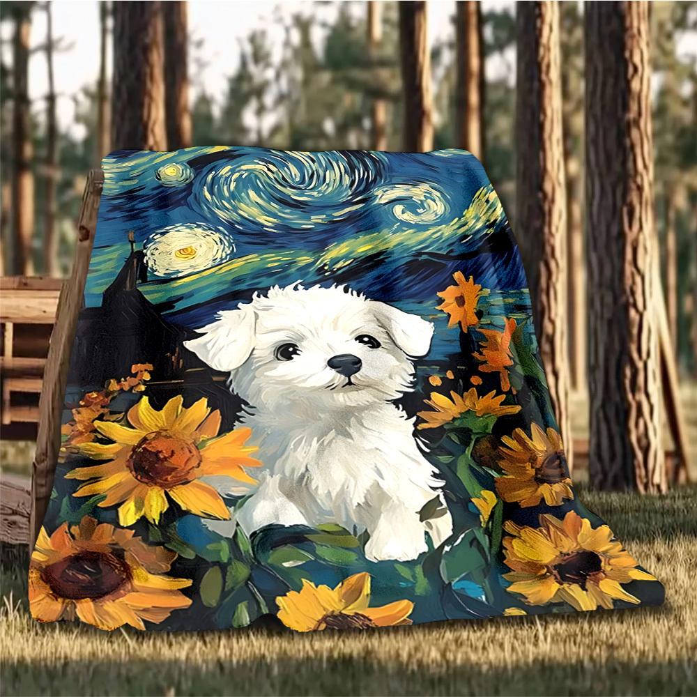 Puppy Sunflowers Outdoor Blanket, Soft And Comfortable Blanket, Casual Warm Outdoor Blanket, Camping Travel Blanket, Good Birthday Gift 1167