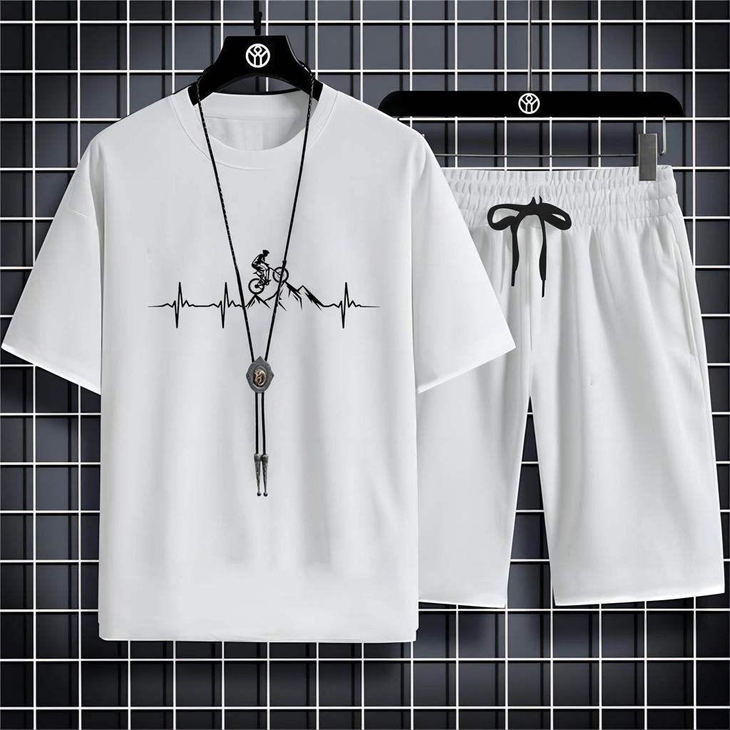 Letní móda Venkovní sportovní styl 2D kreslený potisk na kolo Pánské tričko s výstřihem a výstřihem kalhoty Pohodlné rychleschnoucí