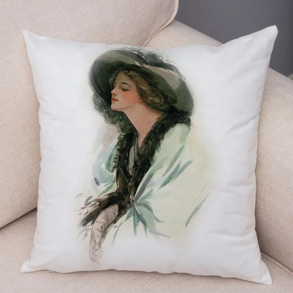European Lady Cushion Cover Decor Vintage Style Elegant Women Print Pillowcase for Sofa Home Car Soft Plush Pillow Case 45x45cm