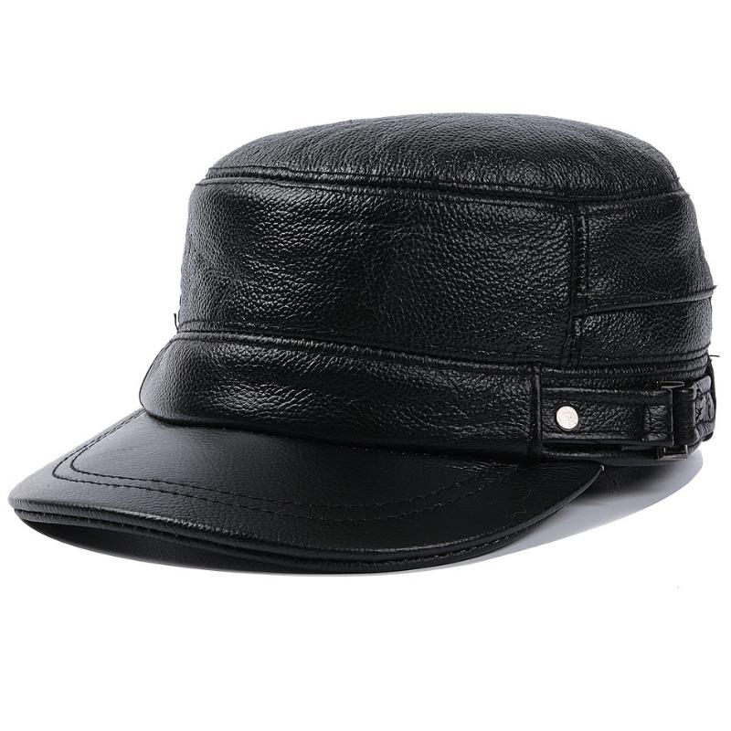 

Hat men s autumn and winter leather elderly leisure flat top military hat winter thermal cotton ear protector cap Adjustable