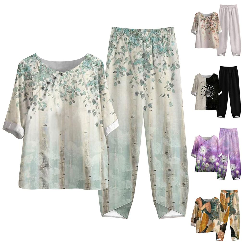 Dámské letní topy s polovičním rukávem s potiskem, elastický pas, devítidílné kalhoty, dvoudílná sada