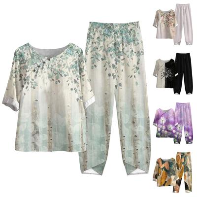 Ensemble deux pièces pour femmes, haut imprimé à manches mi-longues, taille élastique, pantalon neuf pièces, été