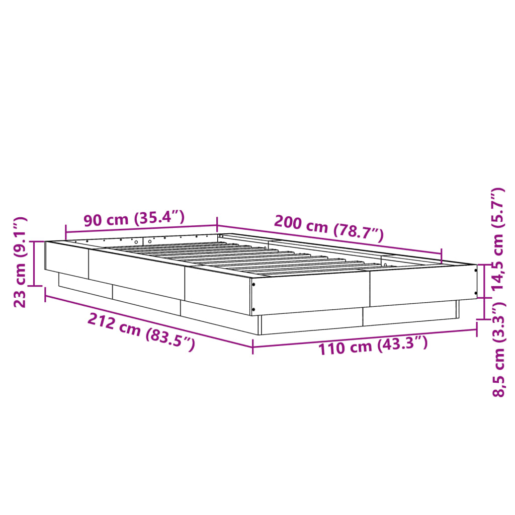 Bed Frame with LED Lights Concrete Grey 90 x 200 cm Engineered Wood