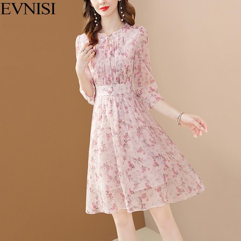 

EVNISI женское шифоновое платье на шнуровке с шикарным принтом розовые вечерние платья трапециевидной формы с расклешенными рукавами для женщин элегантное офисное платье