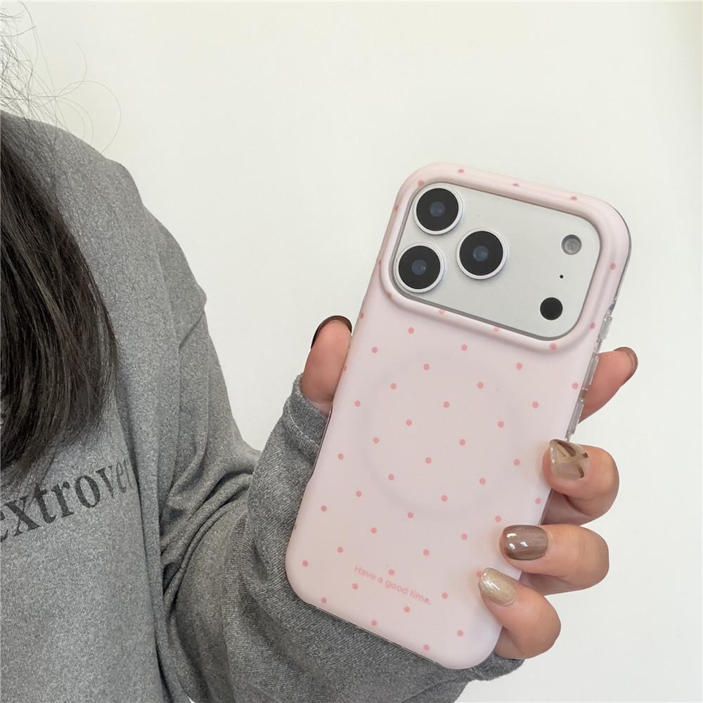 Korean-Style Pink Polka Dot iPhone Case: Drop-Proof, 16Pro Magnetic, 15PM Bear Stand, 14/13 Frosted