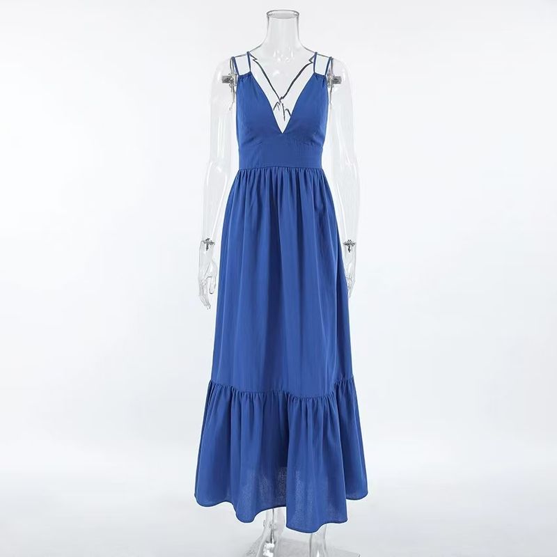

European and American New Sexy Vacation Backless Sling Dress Backless Suspender Sexy Dress Blue L