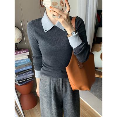 Contrast Color Polo Lapel Knitted Sweater Women's Autumn and Winter Slim and Thin Inner Long-sleeved Bottoming Top Soft Waxy Sweater