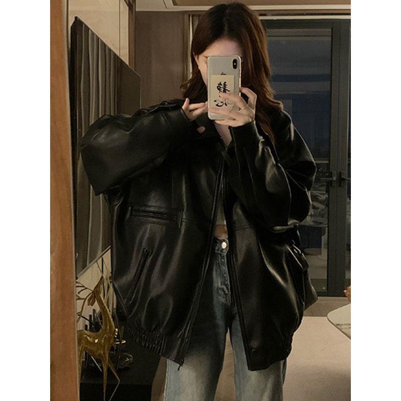 Kumikumi American Vintage Black PU Leather Long Sleeve Outerwear Women Clothes Autumn Elegant All-Match Loose Slimming Top