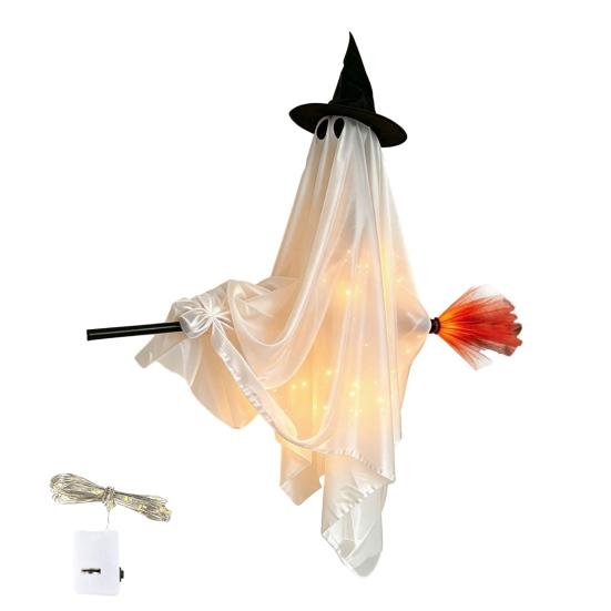Spooky Outdoor Porch Decor Hanging Ghost with Broom Halloween Decoration, Flying Witch Ornament for Decorations Haunted House Tree Indoor Party