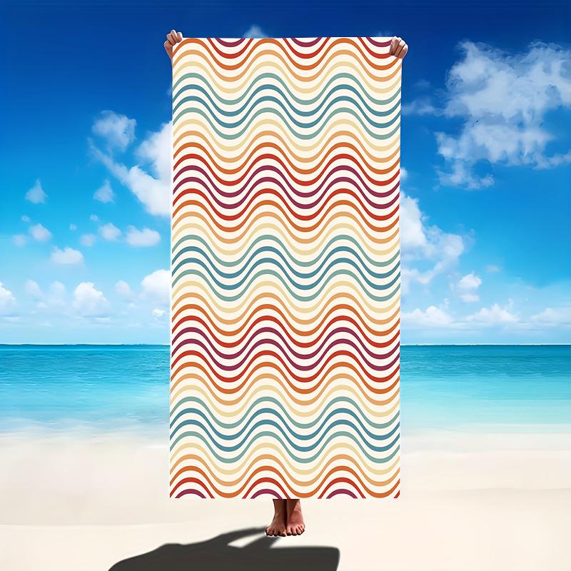 Mid Century Modern Microfiber Beach Towel Abstract Wavy Line Patterns Bath Towel Aesthetic Retro Swim Blanket For Vacation