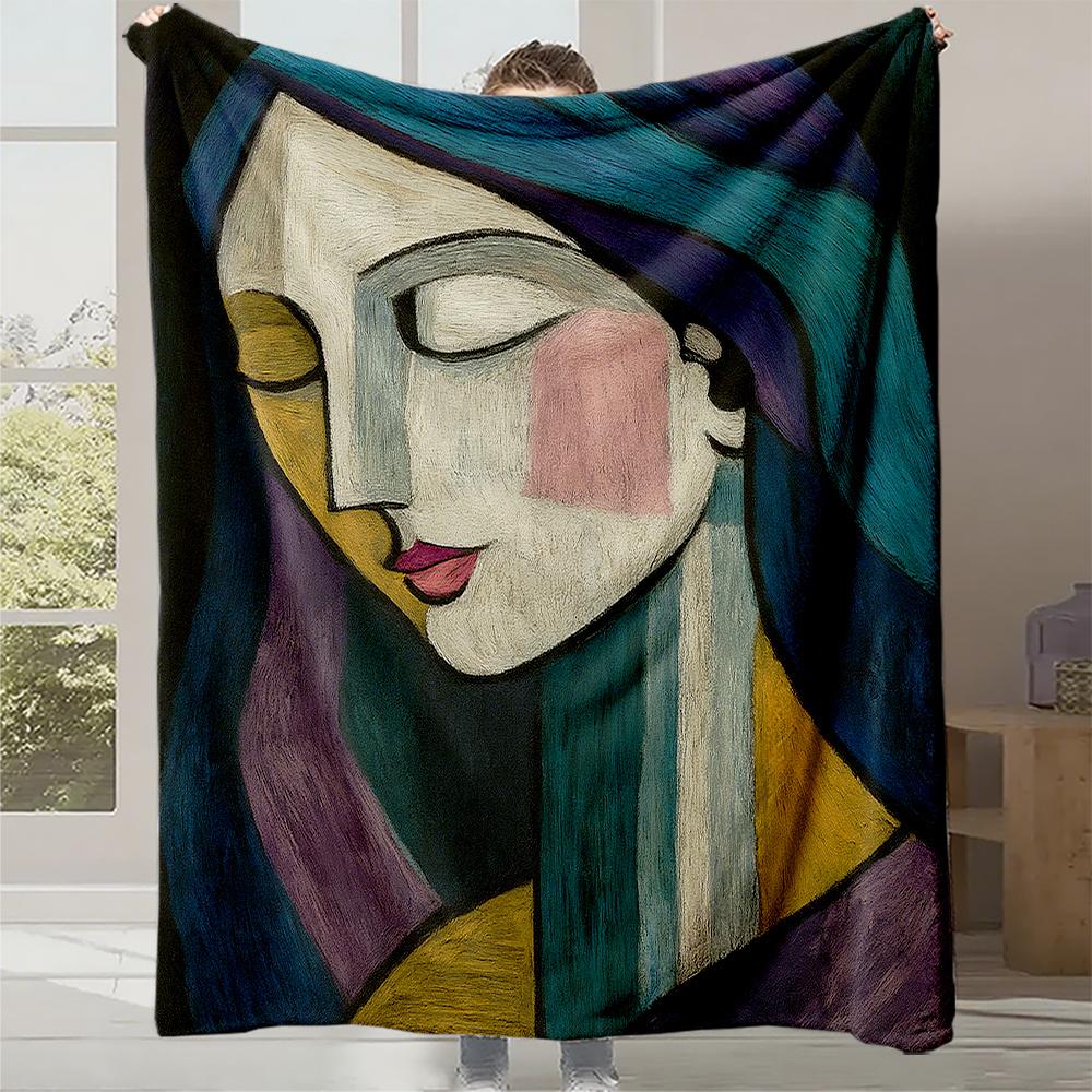1pc Monet-Style Abstract Woman Face Print Plush Fleece Blanket - Mauve Teal/Navy Blue Golden Beige Soft Thick All-Season Luxur