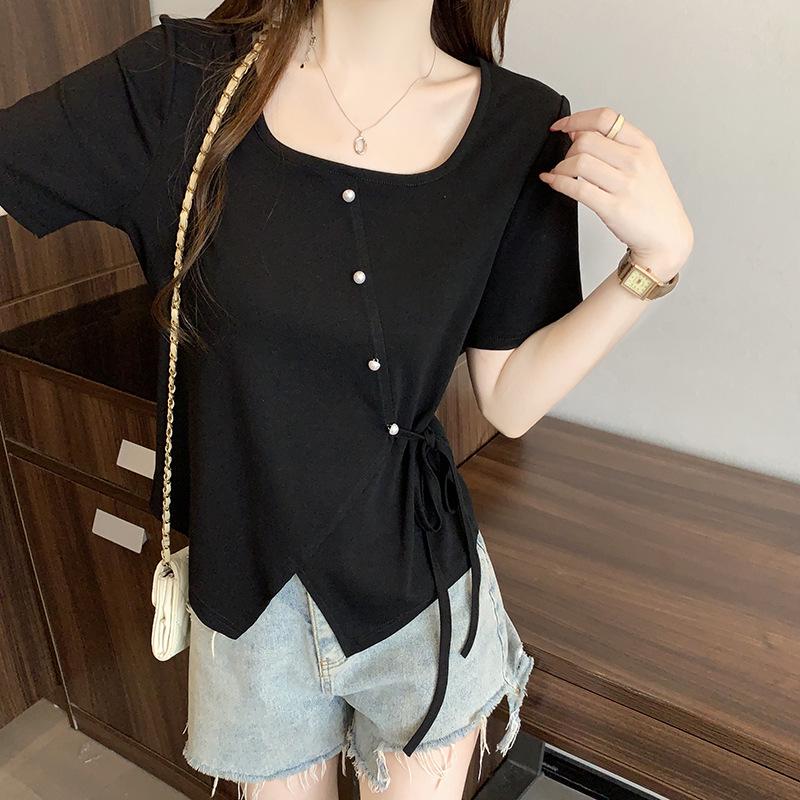 

2026 Plus Size Women s Casual Round Neck Lace-Up Short Sleeve T-Shirt XXL чёрный