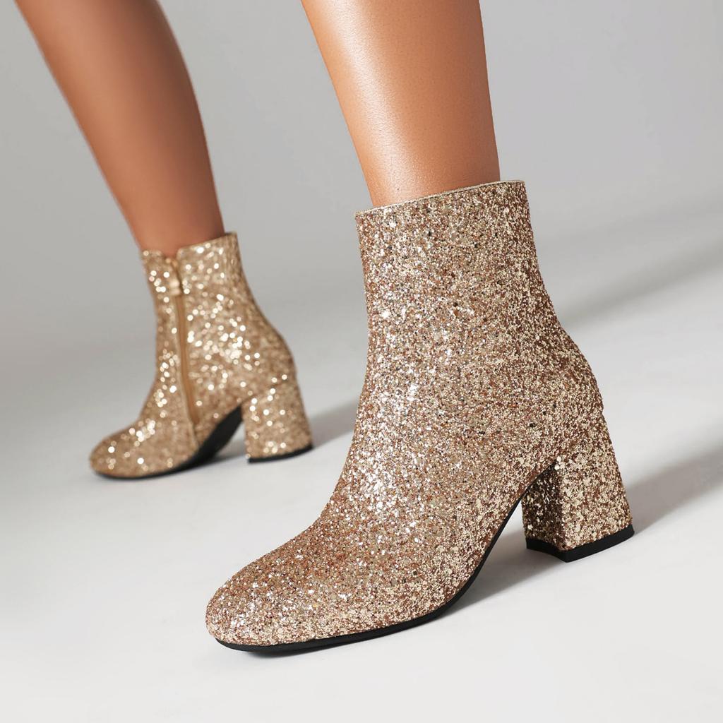 Autumn and Winter Large Size Sequined Women's Shoes Thick High Heels Short Boots