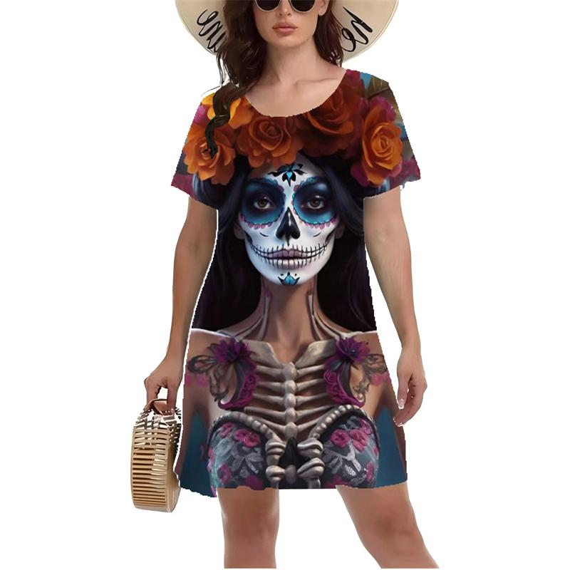 3D Vintage Rose Skull Graphic Print Dress Gothic Style Mini Dress Women Summer Short Sleeve O-Neck Casual A-Line Dress Vestidos