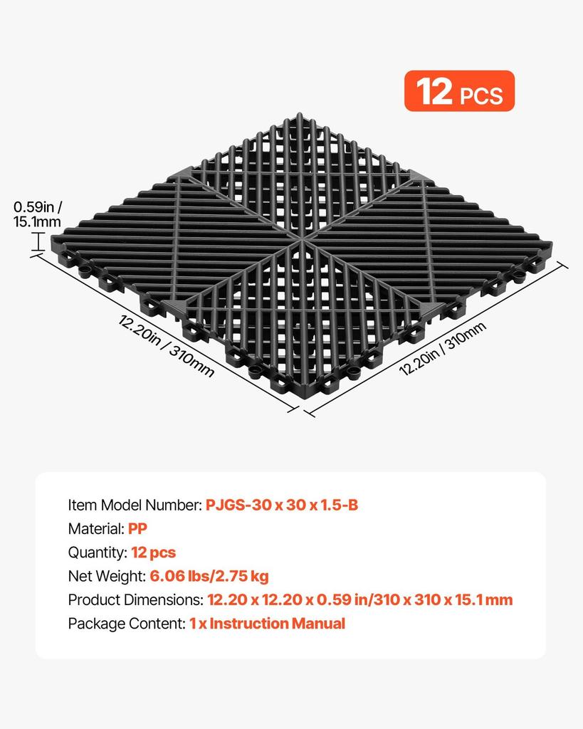 Interlocking Drainage Mats, 310 X 310 Mm, Modular Garage Flooring Tiles, Non-Slip PP Drainage Floor Tiles, Self-Draining, Easy Installation, for