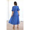 Women V Neck Puff Sleeve Tiered Maxi Dress with Waist Gathering Solid Color