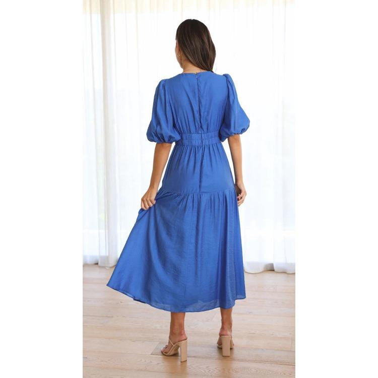 Women V Neck Puff Sleeve Tiered Maxi Dress with Waist Gathering Solid Color