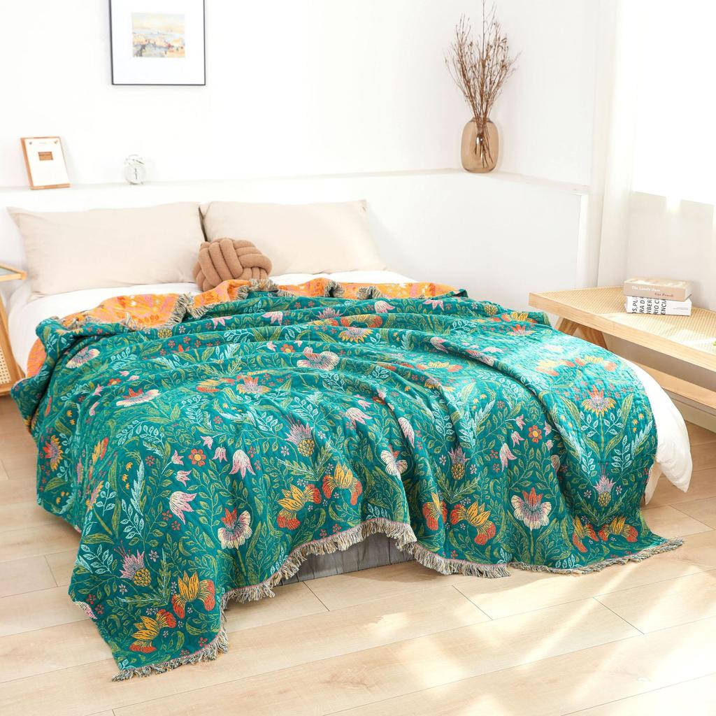 Floral Gauze Cotton Towel Blanket, Sofa Towel With Tassel, Bedspread, 150*200 Cm, 200*230 Cm, Delicate