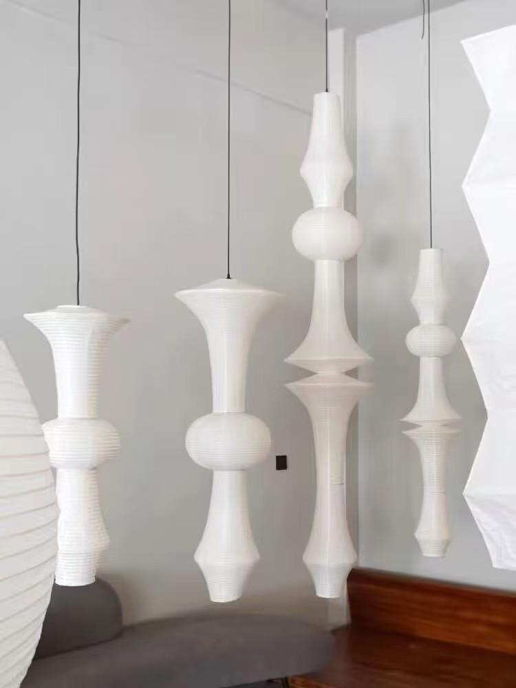 Japanese Wabi-sabi Style Isamu Noguchi Xuan Paper Long Vintage Chandelier for Aisles, Staircases, and Loft Window Displays.