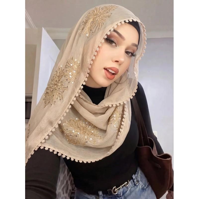 Lightweight Chiffon Scarf With Floral Embroidery Edge - Versatile Wrap Shawl Women Fall Winter