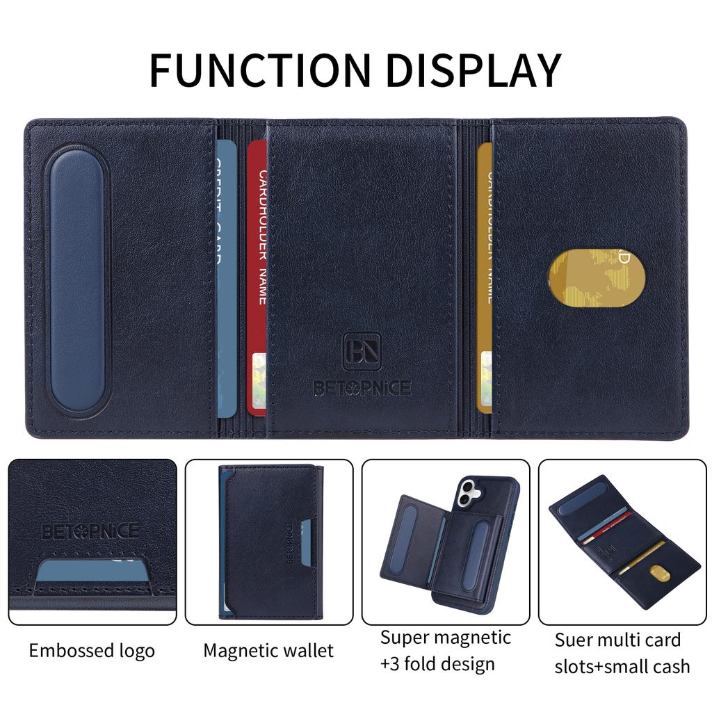 For iPhone 16 Plus Magnetic Case BETOPNICE Leather Phone Cover Kickstand with Detachable Card Bag