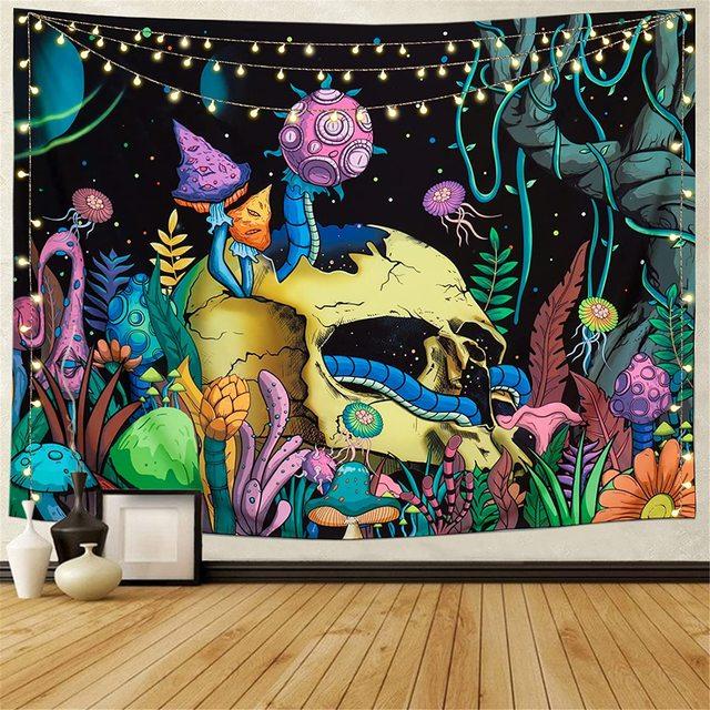 Skull Floral Tapestry Wall Haning Trippy Art Mushroom Skeleton Gothic Home Decor Garden Aesthetic Tapestries For Bedroom Blanket